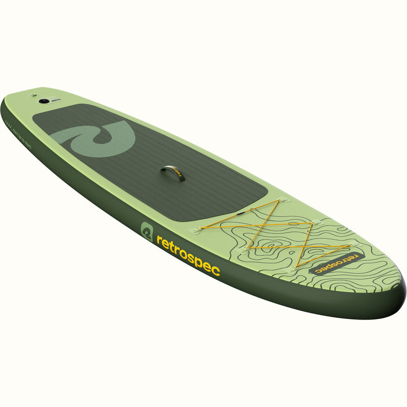 Green inflatable stand up paddleboard with Retrospec branding on a white background.