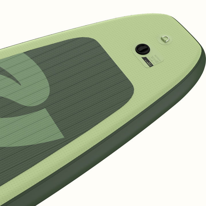 A closeup of the tail of the Weekender Inflatable Stand Up Paddle Board.