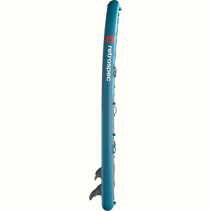 The profile of the Weekender Crew Multi-Person Inflatable Stand Up Paddle Board 12’ in blue with red accents.