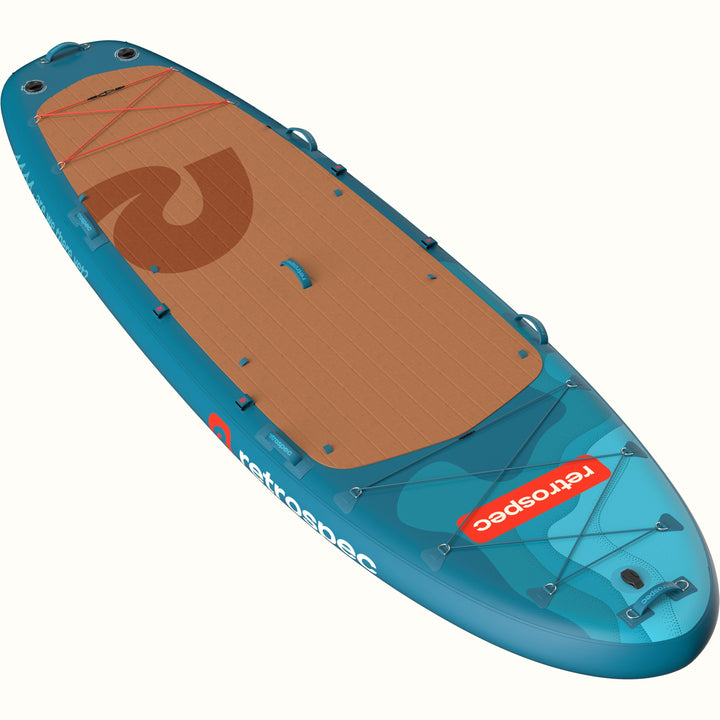 The top Weekender Crew Multi-Person Inflatable Stand Up Paddle Board 12’ in blue with red accents and a brown deck pad.