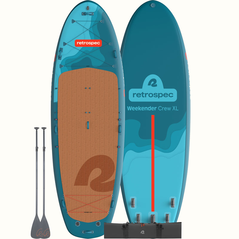 The front and back of the Weekender Crew XL Multi-Person Inflatable Stand Up Paddle Board 15’ in blue with red accents shown with two paddles and a dark grey carry bag.