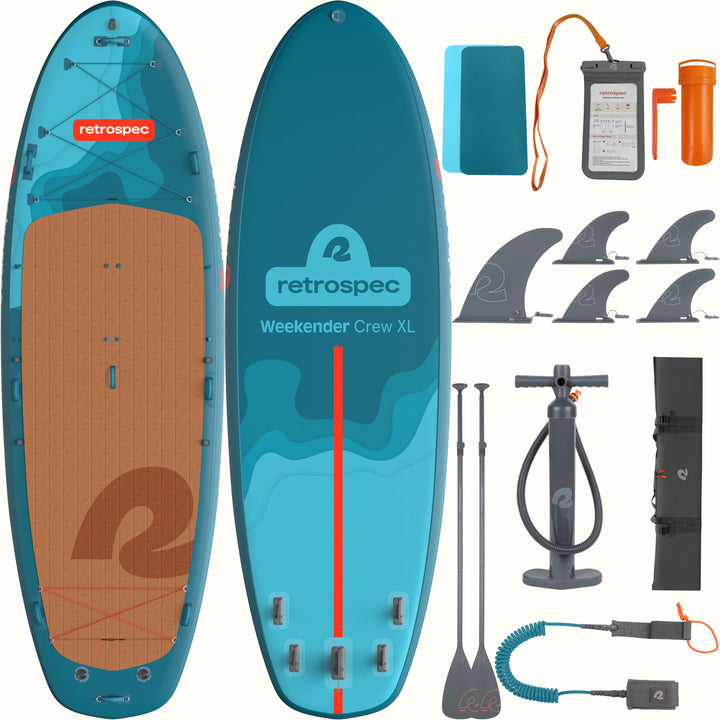 Weekender Crew XL Multi-Person Inflatable Stand Up Paddle Board 15’ with accessories on a white background.