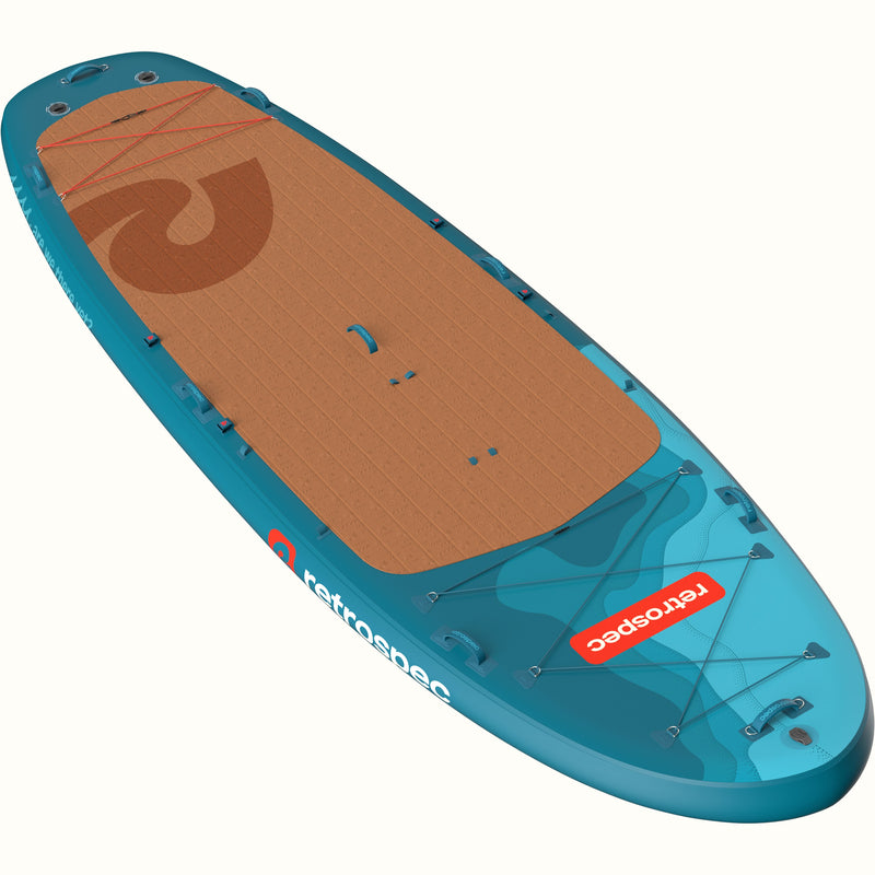 The top of the Weekender Crew XL Multi-Person Inflatable Stand Up Paddle Board 15’ in blue with red accents and a brown deck pad on a white background.