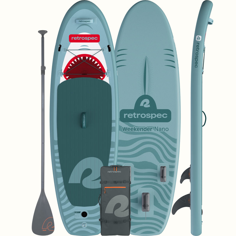 Weekender Nano Kids’ Inflatable Stand Up Paddle Board 8’ with paddle on a white background.