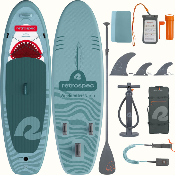 Weekender Nano Kids’ Inflatable Stand Up Paddle Board 8’ set with accessories on a white background.