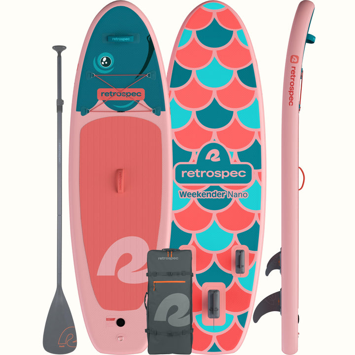 Weekender Nano Kids’ Inflatable Stand Up Paddle Board 8’ with pink and blue rainbow trout design, paddle, and backpack on a white background.