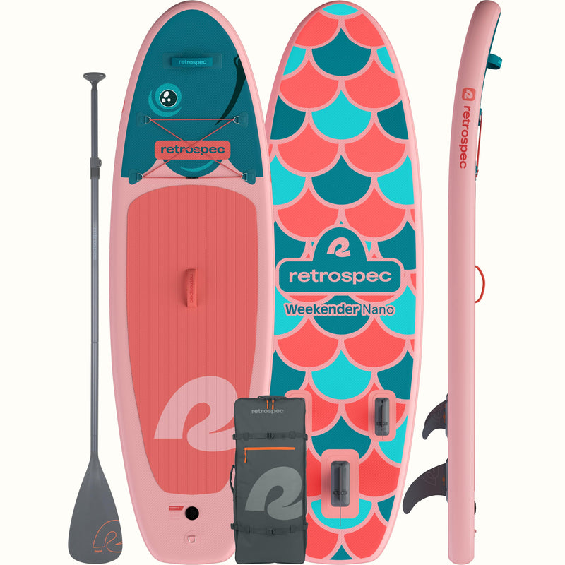Weekender Nano Kids’ Inflatable Stand Up Paddle Board 8’ with pink and blue rainbow trout design, paddle, and backpack on a white background.
