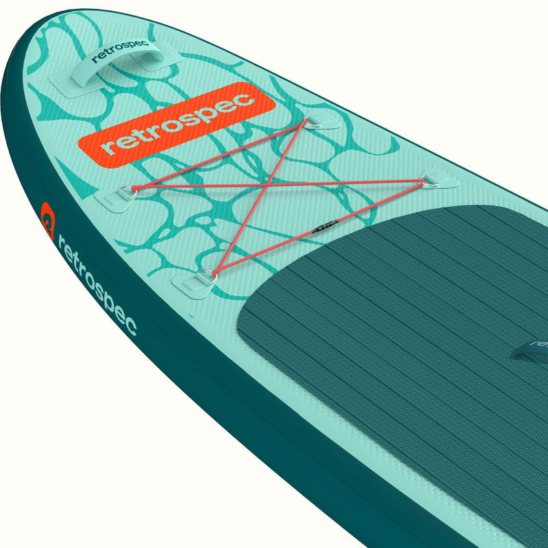 Close-up of the Weekender Nano Kids Inflatable Paddle Board's nose with retrospec logo and ripple design with four point bungee for storage.