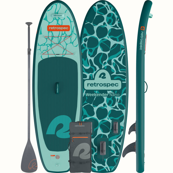 Weekender Nano Kids’ Inflatable Stand Up Paddle Board 8’ with accessories on a white background.