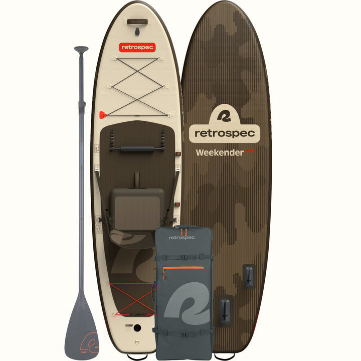 Weekender Plus Inflatable Stand Up Paddle Board with Kayak Seat attached, Paddle, and carry bag.