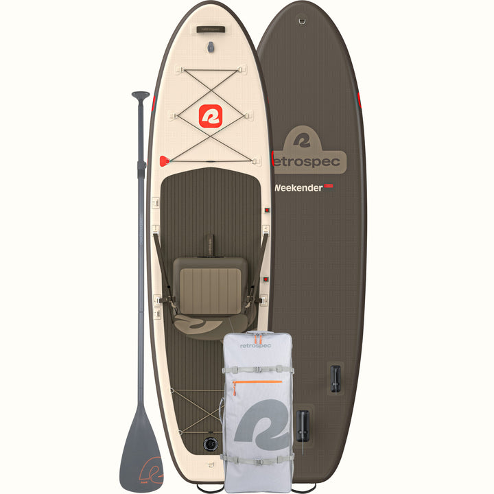 Weekender Plus Inflatable Stand Up Paddle Board Kayak Hybrid 10'6" in Bonsai Rock with a seat, paddle, and carrying backpack, featuring a beige and brown color scheme.