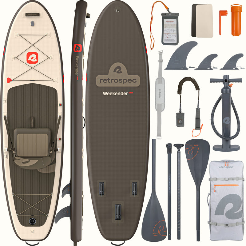 Weekender Plus Inflatable Stand Up Paddle Board Kayak Hybrid 10'6" in Bonsai Rock alongside the included accessories a seat, paddle, leash, carrying backpack, pump, carry strap, fins, repair kit, and cell phone case.