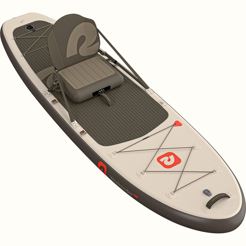 Weekender Plus Inflatable Stand Up Paddle Board Kayak Hybrid 10'6"
in Bonsai Rock featuring a comfortable inflatable seat with backrest, storage bungee, and a textured surface for stability on water.