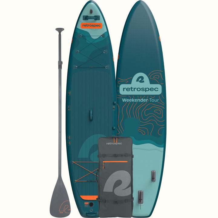 Weekender Tour Inflatable Paddle Board front and back image with charcoal backpack and paddle.