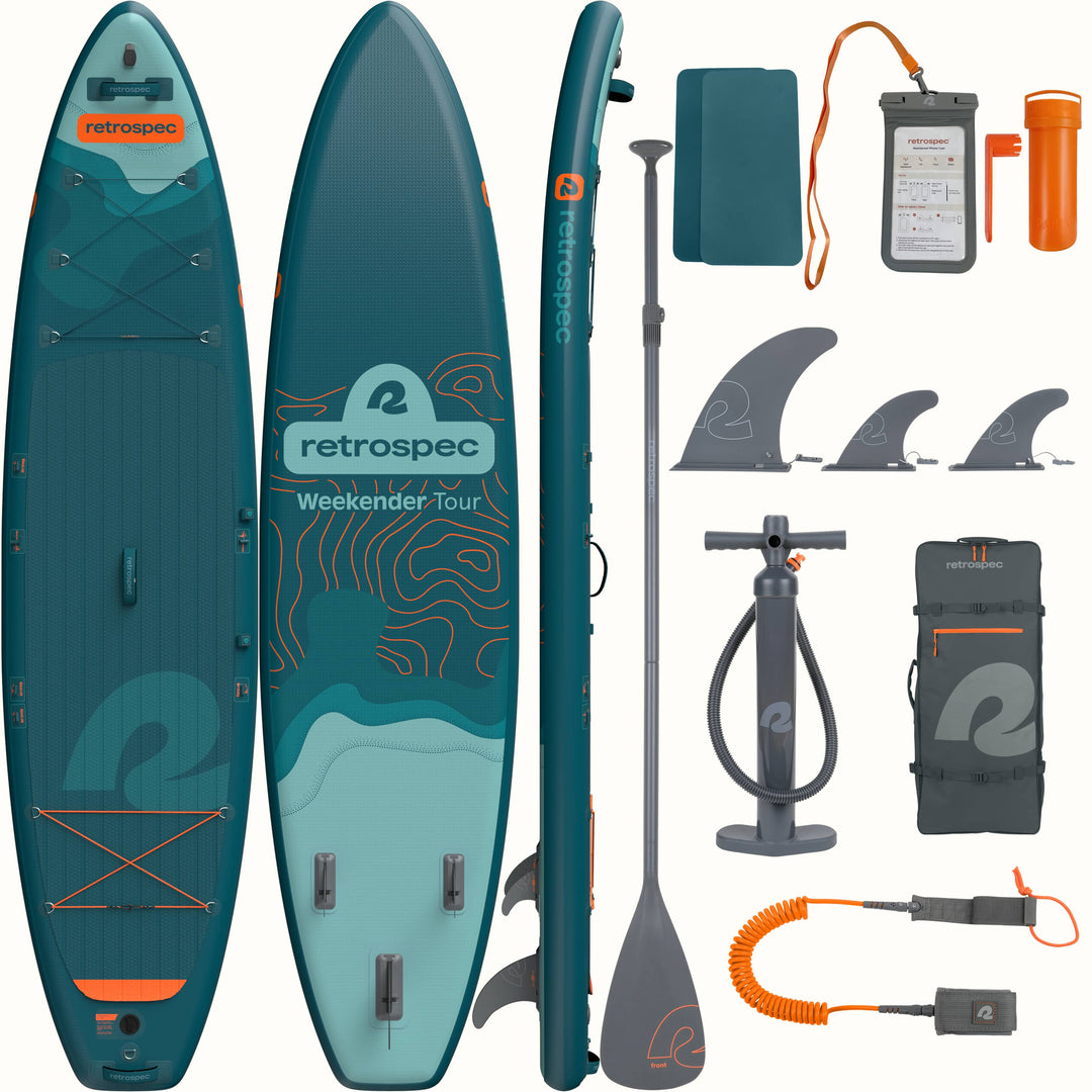 Weekender Tour inflatable paddle board with accessories on a white background.
