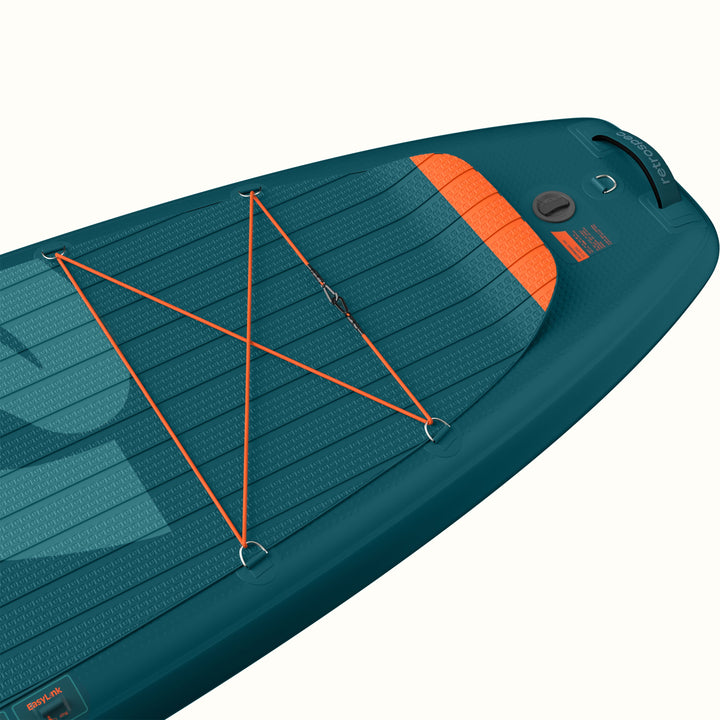 A close-up of the tail of the Weekender Tour Inflatable paddleboard with orange accents and a 4-point bungee for storage on a white background.