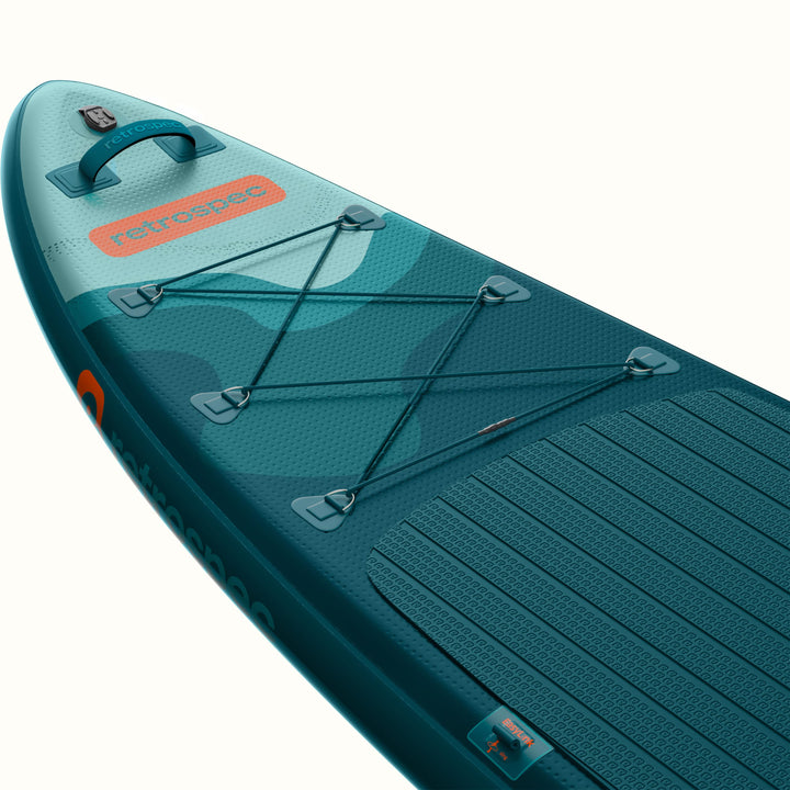 Teal inflatable paddle board with 'retrospec' branding on a white background.