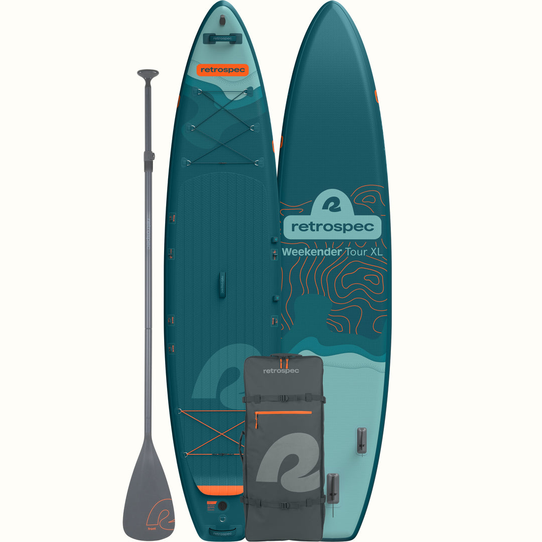 The top and bottom of a teal Weekender Tour XL iSUP with a paddle and backpack on a white background.