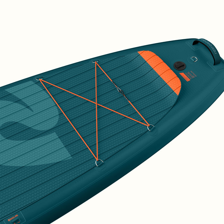 The tail of the Weekender Tour XL Inflatable Paddle Board in teal with orange accents featuring a 4-point bungee and heel pad.