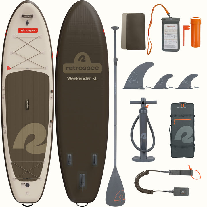 Weekender XL inflatable paddle board with accessories on a white background.