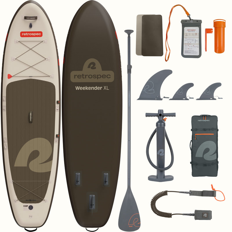 Weekender XL inflatable paddle board with accessories on a white background.