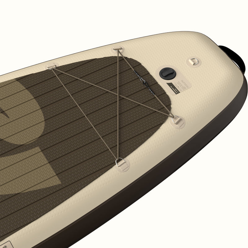 Close-up of the Weekender XL Inflatable Stand Up Paddle Board 11’ with a brown deck and bungee storage area on a white background.