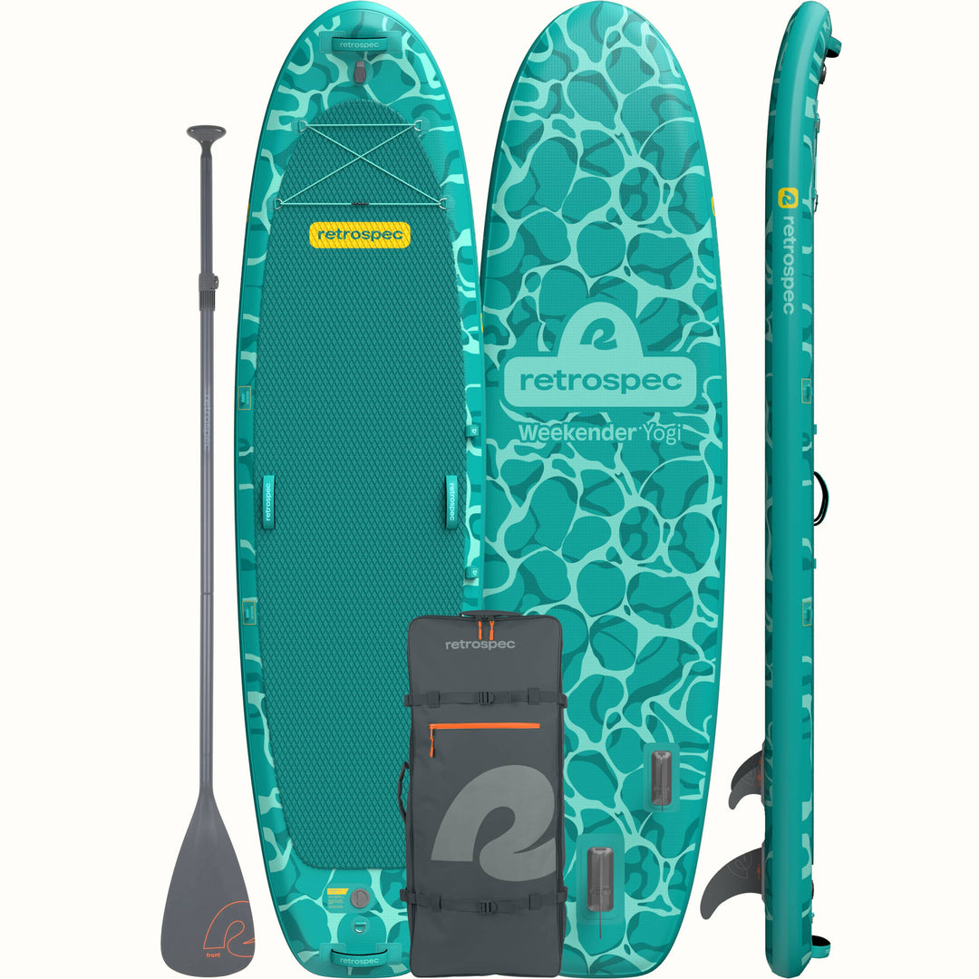 The top, bottom, and rail of a teal Weekender Yogi Inflatable Paddle Board with a paddle, and backpack on a white background