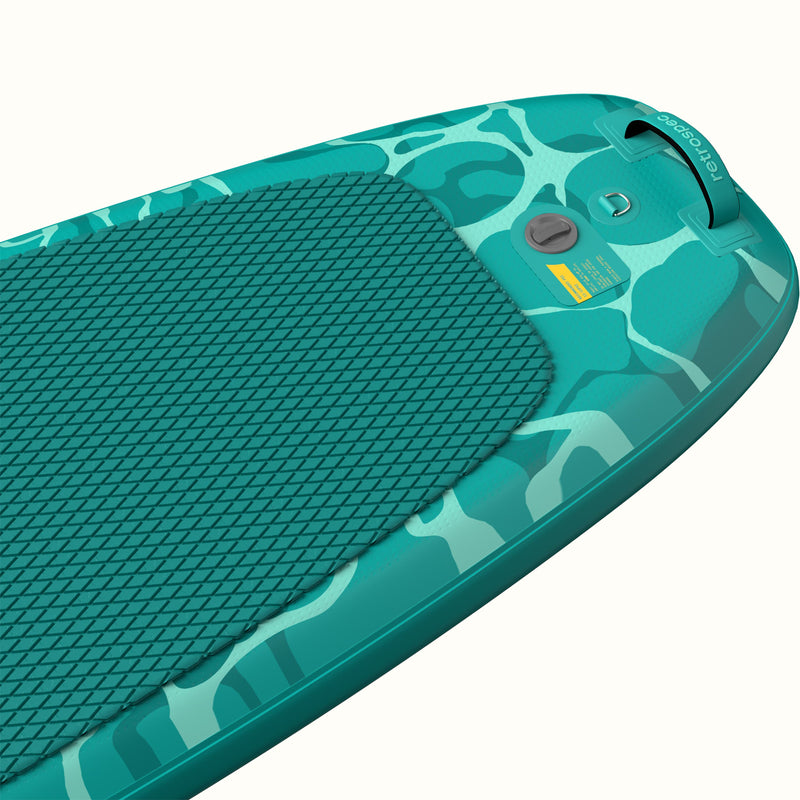 The tail of a teal Weekender Yogi Stand Up Inflatable Paddle Board with a gray valve, D-Ring, handle, and textured deck pad on a white background.