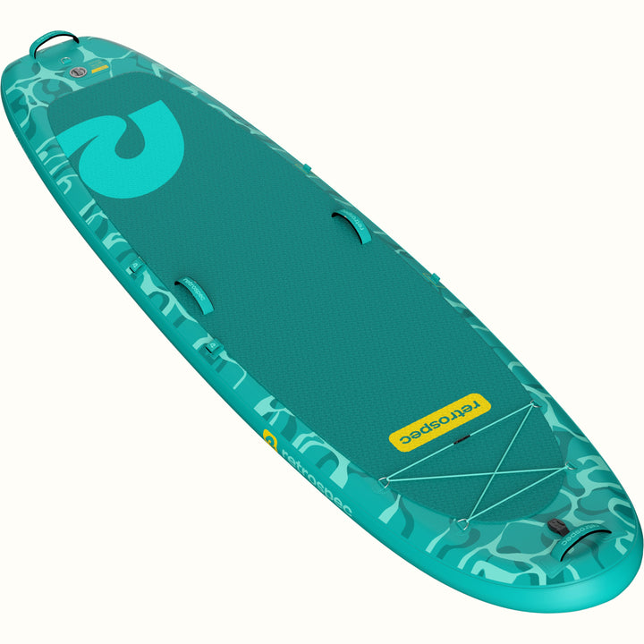 Teal inflatable yoga paddle board with yellow retrospec branding on a white background.