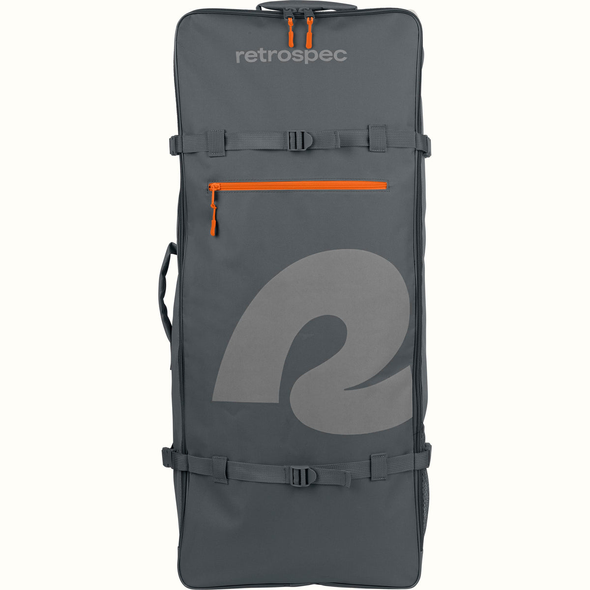 Dark gray backpack with orange zipper and Retrospec logo on a white background.