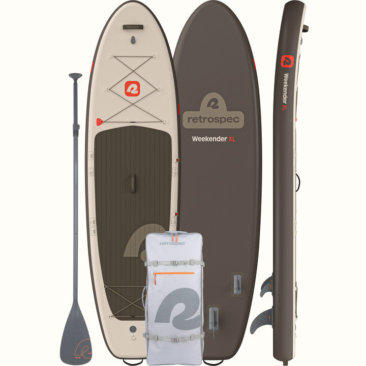 The top, bottom and side view of the Weekender XL Inflatable Stand Up Paddle Board 11’ in beige and gray, alongside a paddle and grey carry bag, showcasing its features and design.