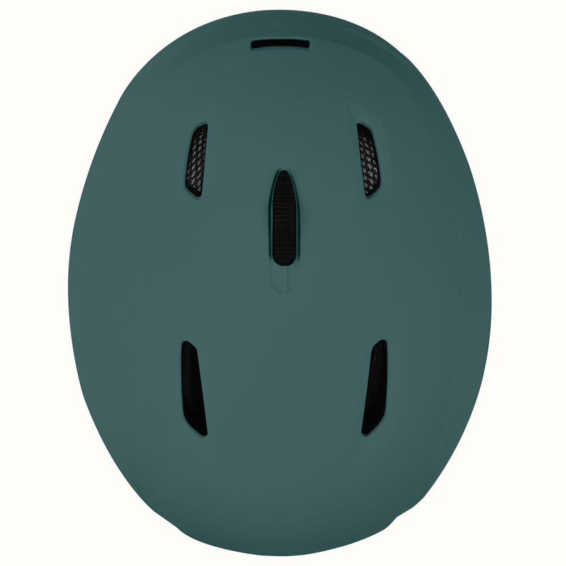 Top view of the retrospec Zephyr ski helmet green in the Matte Deep Glacier colorway, showing its vents.