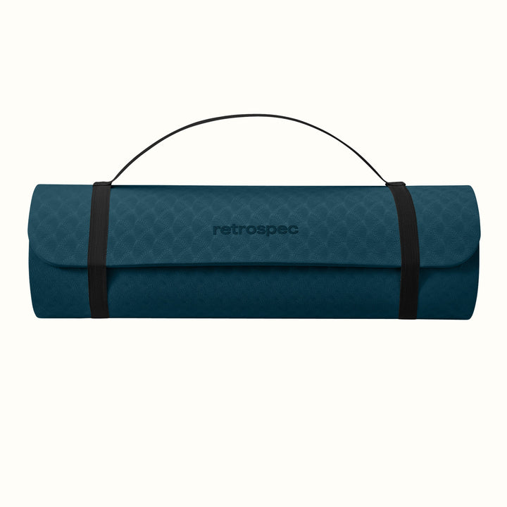 Ocean Blue rolled-up yoga mat with carrying strap and "retrospec" logo on a white background.