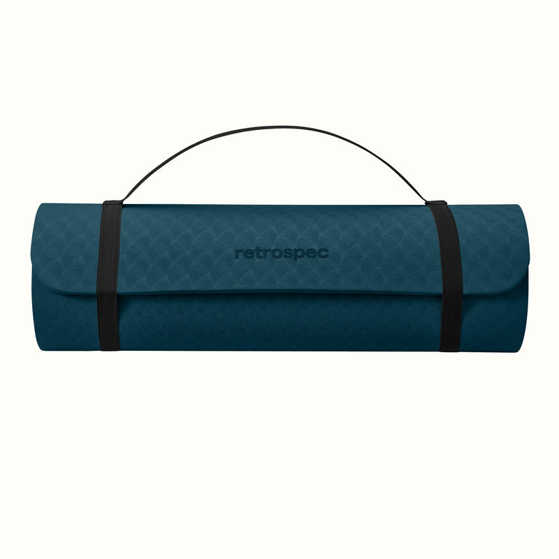 Ocean Blue rolled-up yoga mat with carrying strap and "retrospec" logo on a white background.