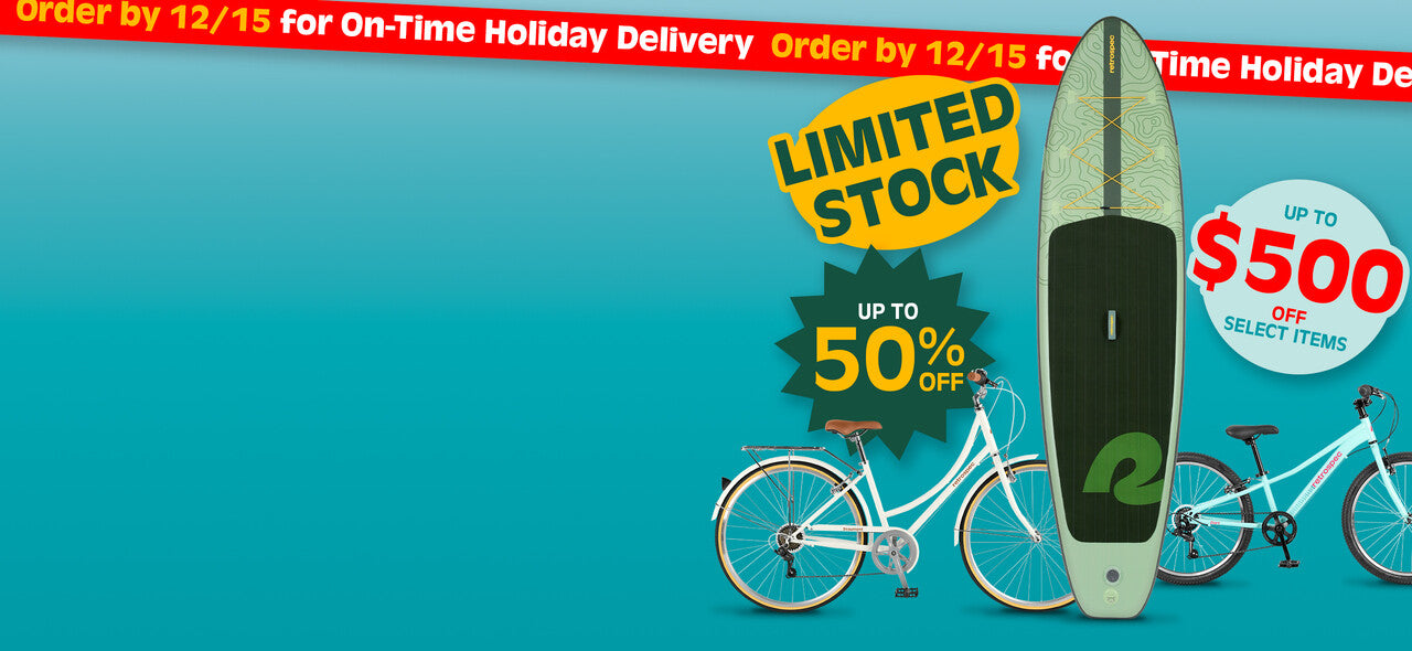 Promotional graphic featuring a paddleboard and bikes with text highlighting discounts up to 50% and $500 off select items.