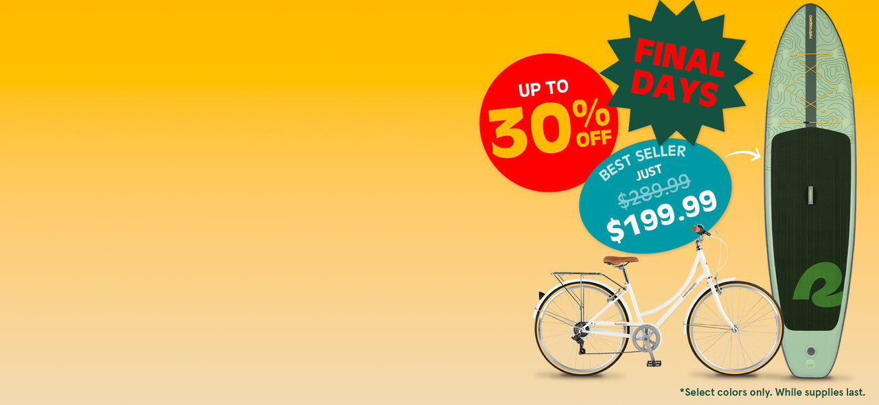 Promotional image featuring a white bicycle and a paddleboard, with discounts up to 30% and prices highlighted. Bright yellow background.