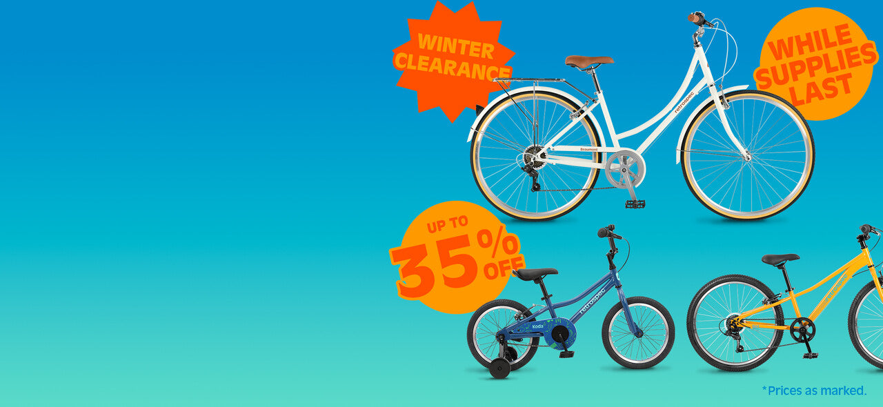 Image features a winter clearance sale on bicycles, showcasing a white bike, a blue kids' bike, and a yellow bike, with discounts up to 35%.