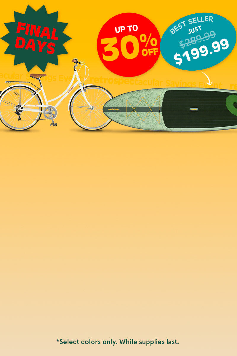 Promotional image featuring a white bicycle and a paddleboard, with discounts up to 30% and prices highlighted. Bright yellow background.