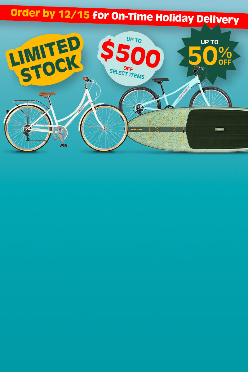 Promotional graphic featuring a paddleboard and bikes with text highlighting discounts up to 50% and $500 off select items.