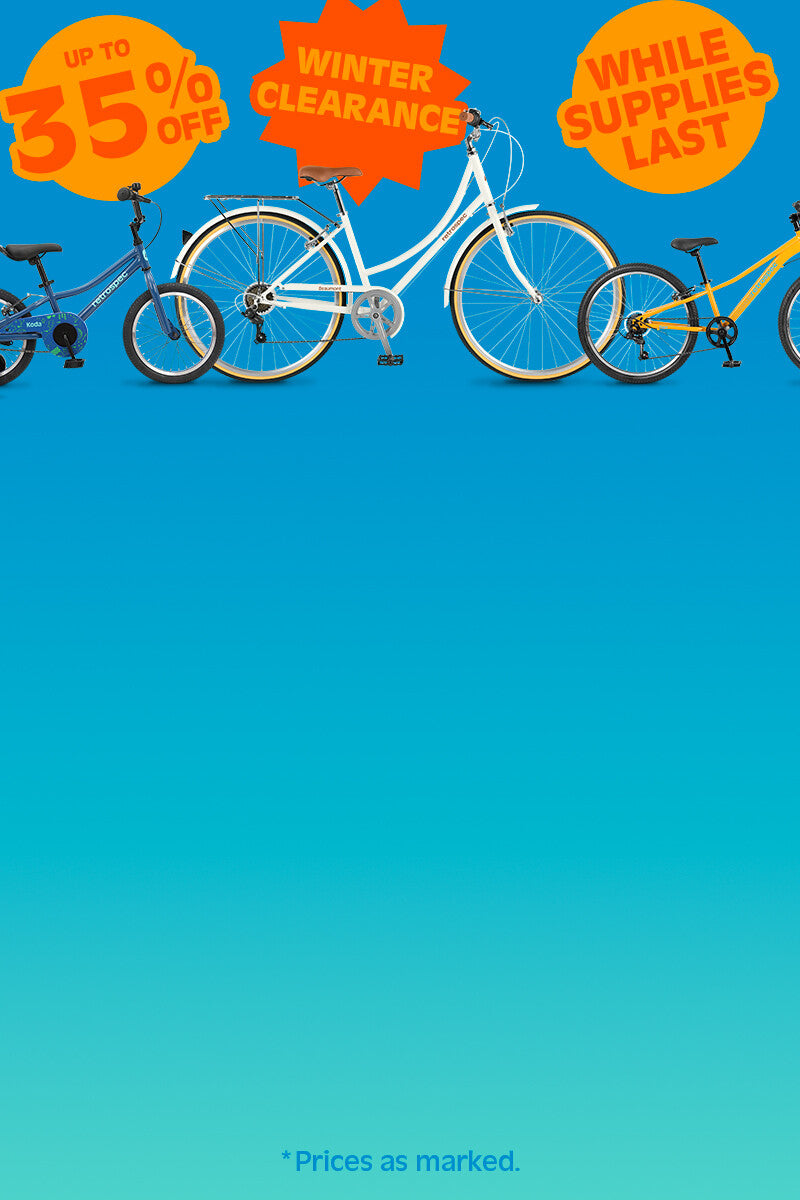 Image features a winter clearance sale on bicycles, showcasing a white bike, a blue kids' bike, and a yellow bike, with discounts up to 35%.