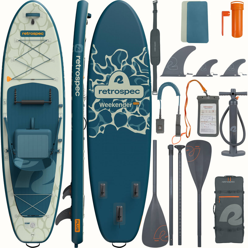 retrospec Weekender Plus Inflatable Paddle Board with accessories on a white background.